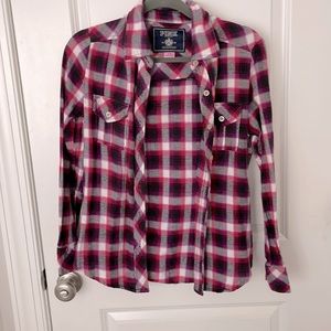 Black and pink plaid long sleeve shirt. VS Pink brand.